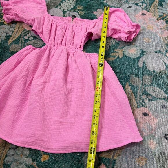 NWT Sundays Dress Gauze Cotton Small Pink Mini Open zip Back Short Puff Sleeve - Picture 11 of 16